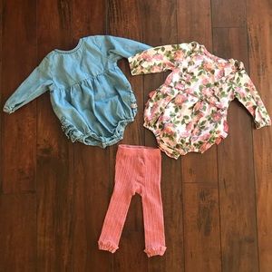 2 Ruffle Butts Rompers and 1 Leggings (6-12 M)